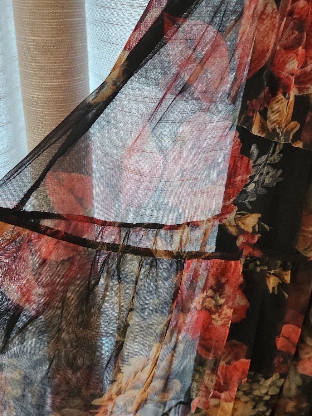 PLUS Size Tiered Sheer Floral Dress Long Sleeve- Black with Red & Green Floral - Picture 3 of 5